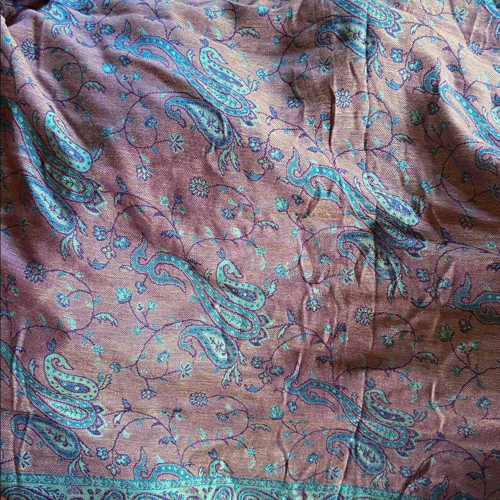 Paisley Print Scarf/Wrap With Gold Fringe ~ Teal, Purple and Brown - Picture 4 of 9